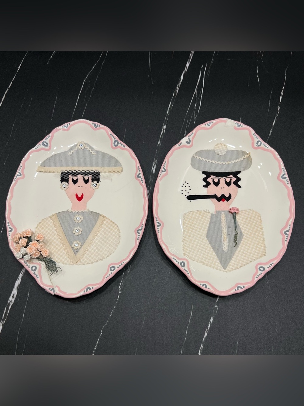 Vintage 1960s Victorian Couple Caricature Plate Set Kitsch Folk Art Handmade
